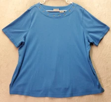 White Stage Blouse Women 18/20W Blue Cotton Short Sleeve Grommet Round Neck Slit