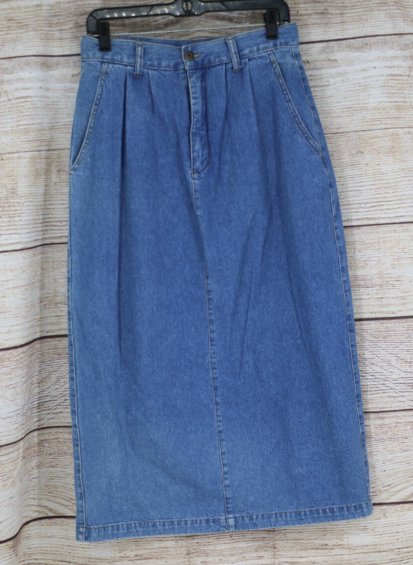 VINTAGE Stampede Womens Size 12 Pleated Straight Midi Denim Jean Skirt