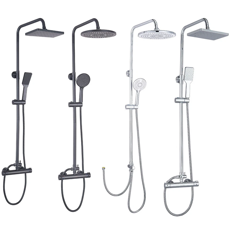 GY BATH Bathroom Thermostatic Exposed Shower Mixer Twin head Large Bar Set Black Chrome
