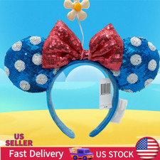 Headband Disney. Parks White polka dot blue Minnie Ears Bow Flower Sequin cute