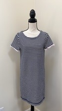 J. Crew Cotton Navy Blue Striped Dress Size M With Pink Ruffles On Sleeves