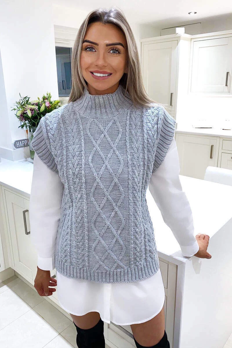 Womens Cable Knitted Vest Ladies Sleeveless Jumper Sweater High