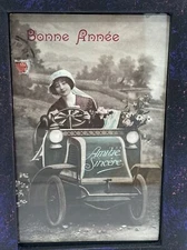 Antique French Postcard Girl In Car In Decorative Frame Bonne Anne