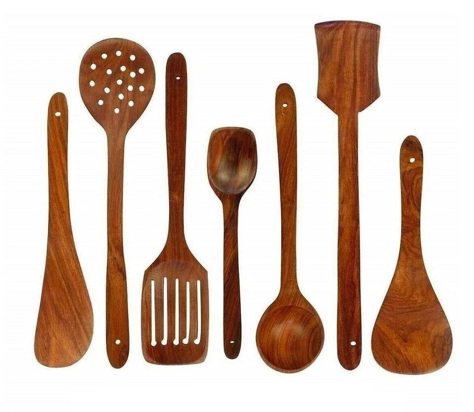 Cooking Spoons and Sheesham Wooden Organizer Serving Set Kitchen Items Set Of 7