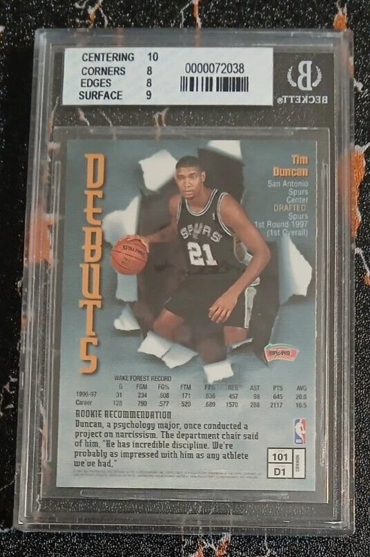 1997-98 Topps Finest #101 Tim Duncan ROOKIE RC BGS 8 NM-MT SAN ANTONIO SPURS HOF - Image 2 of 2