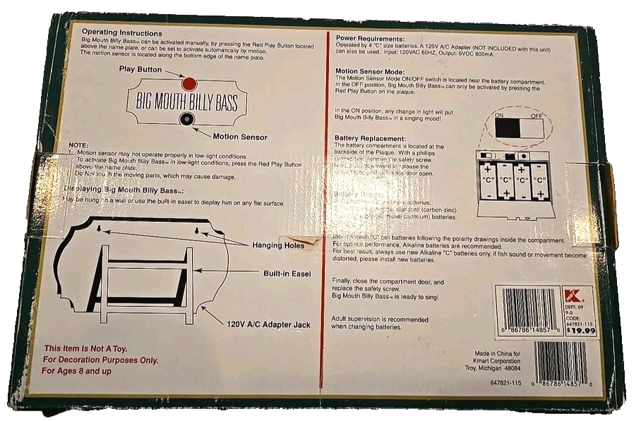 Vtg Big Mouth Billy Bass Christmas Singing Fish Gemmy 1999 “night