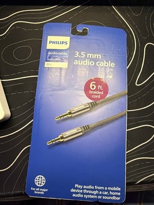 Philips 3.5mm Audio Cable 6ft Braided Aux Stereo Cord Headphone Jack - Grey