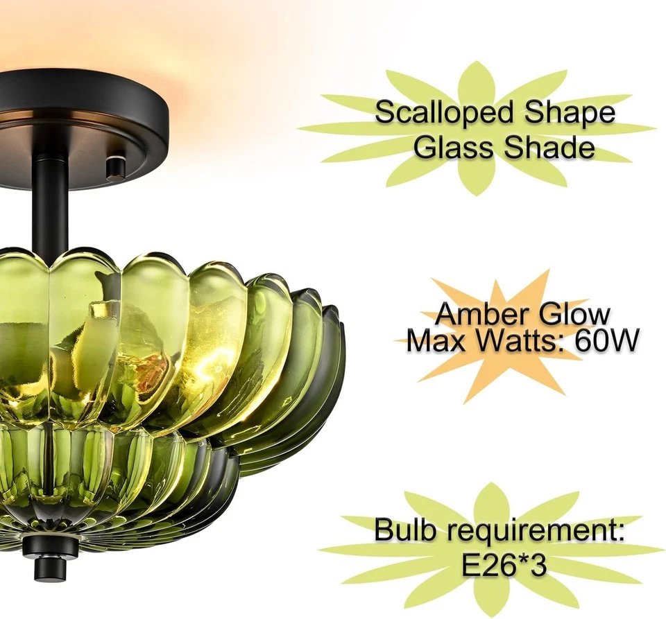 Modern Vintage Green Glass 3-Light Black Base Semi Flush Mount Ceiling Light - Image 3 of 4