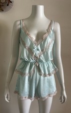 1970s Nylon Lingerie Set Blue Lace Peplum Cami Tap Shorts Pin Up Boudoir S/M VTG
