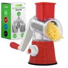 NutriChef  Rotary Cheese Grater with Handle and 3 Replaceable Drum Blades (Red)