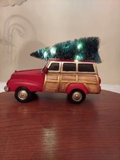 Red Resin Woody Car with Lighted Christmas Tree