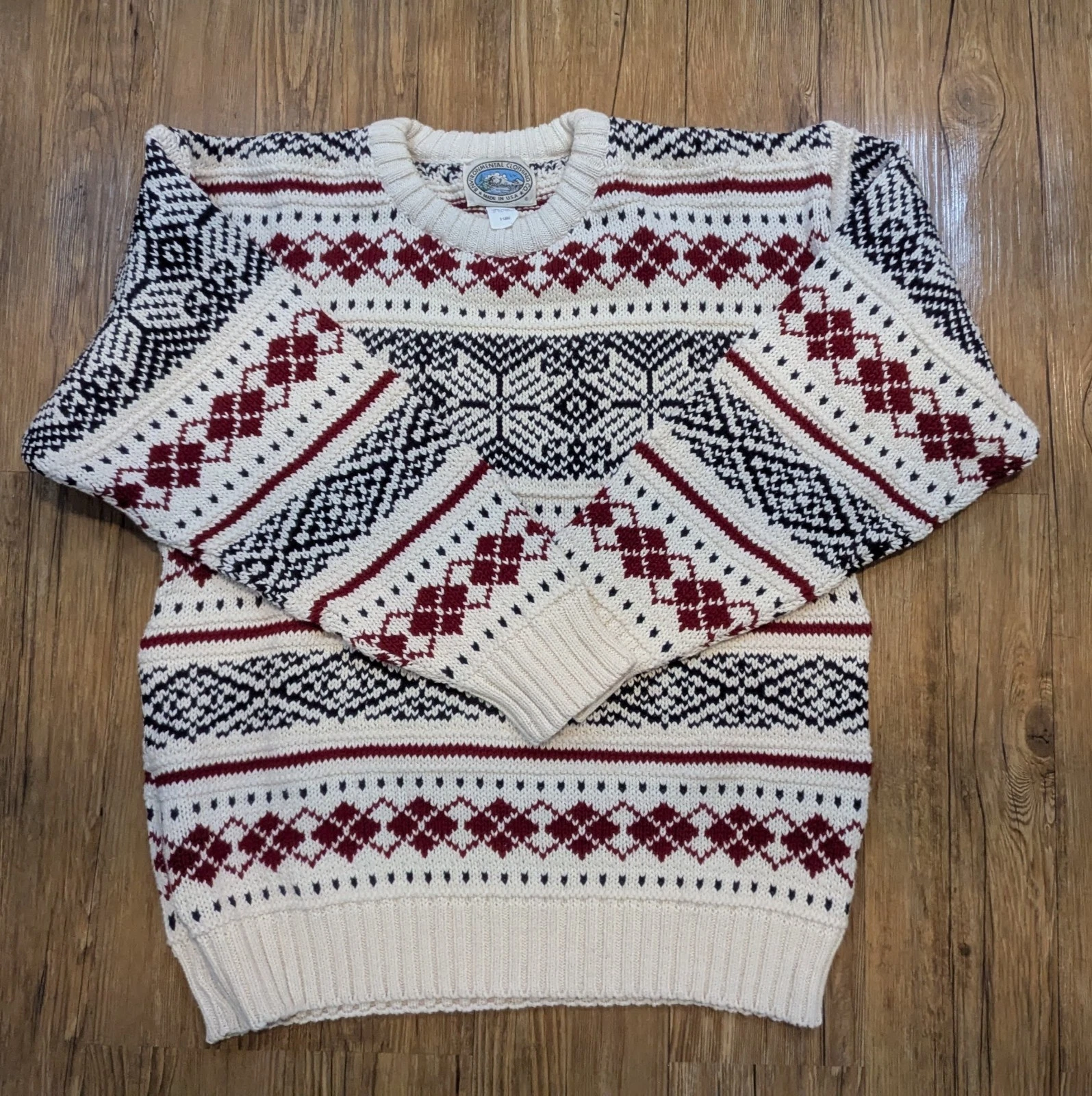 Vtg Environmental Clothing Co Wool Fair Isle Knit Sweater XL Black Red Ivory B34