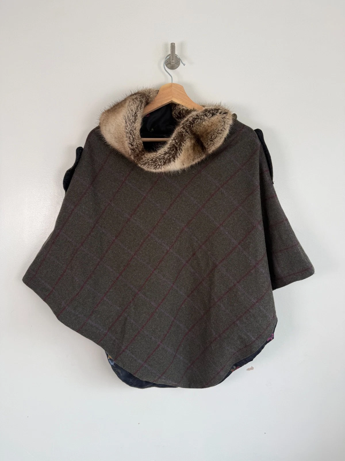 Joules Tweed Cape Poncho Green Womens Hazelwood Check Wrap Fur Collar Race