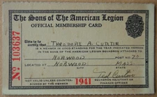 Sons Of The American Legion Membership Card 1941 Norwood, MA