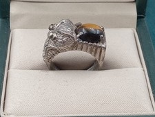 Sterling Silver Owl Face Theme Ring w. Cabochon Tiger's Eye Stone: Size 6.25