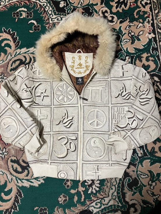 Vintage Rare AL WISSAM Leather Jacket XL White Embroidered Fur