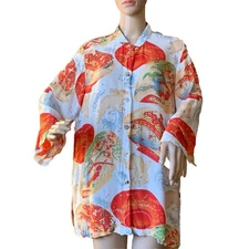 Citron Sanra Monica Tunic Top Button Up Asian Rabbits EcoVero Fabric Size 0X