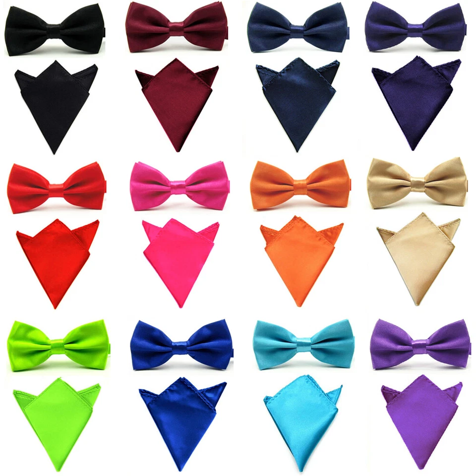 Herren Satin Seide Solid Farbe Fliege Mit Taschentuch Einstecktuch Set SET02 - Bild 1 von 1