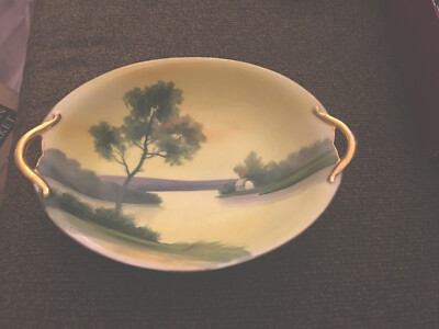 Antique Noritake Nippon Double Handle Bowl Lake & House Scene Tree Red Gold