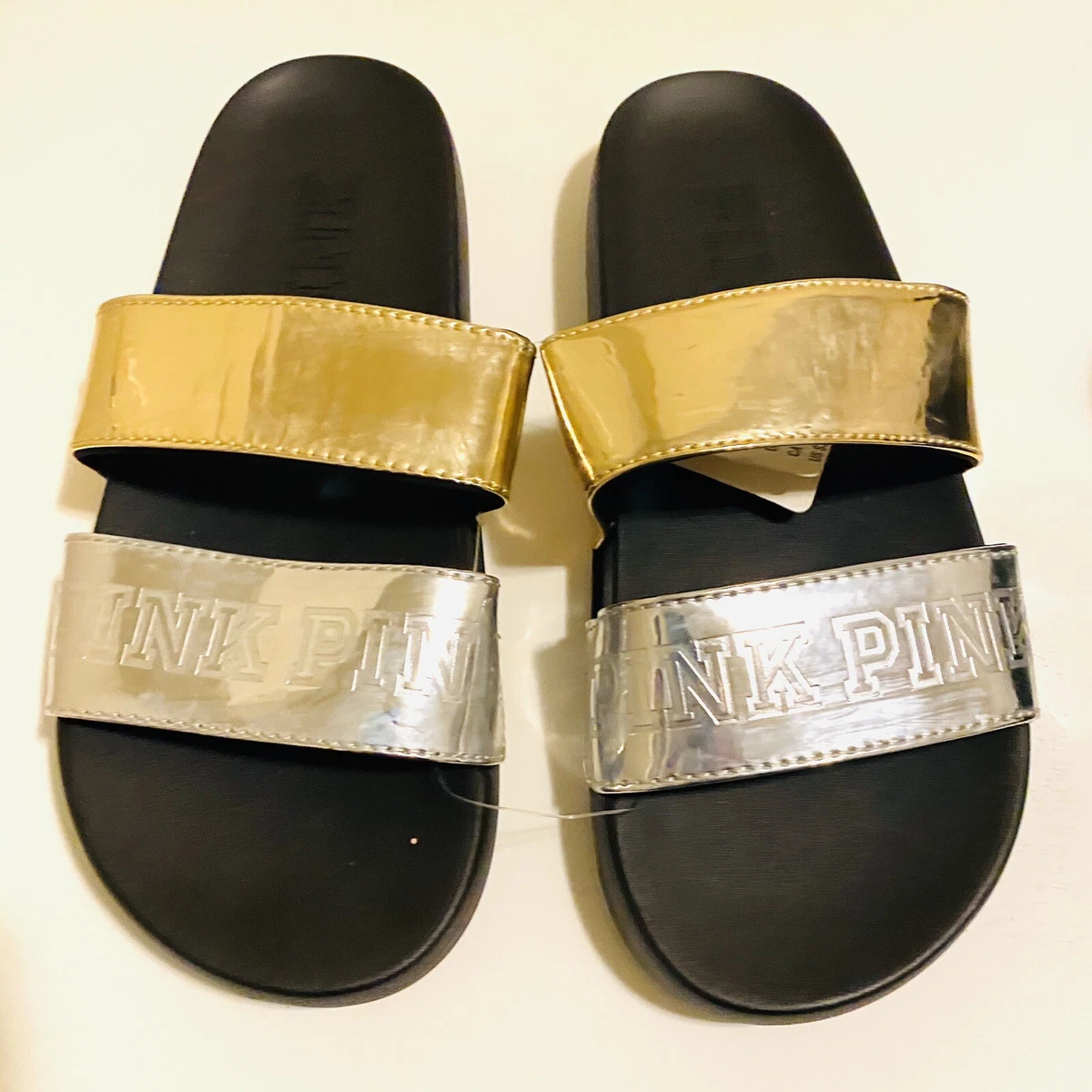 Victoria s Secret PINK Silver Gold Metallic Double Strap Slides