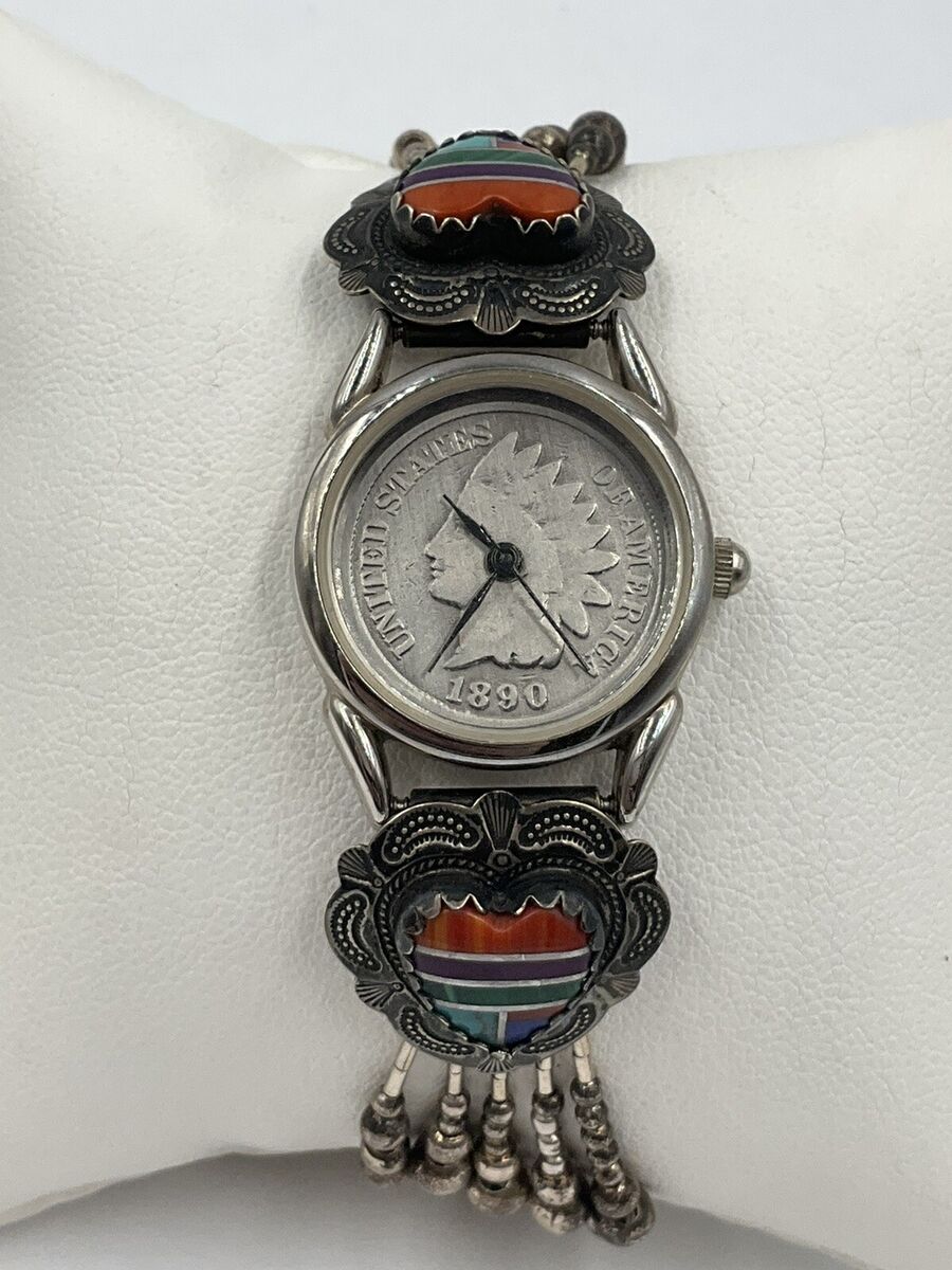 STERLING SILVER INLAID GEMSTONE BAND 1890 INDIAN HEAD PENNY STERLING SILVER INLAID GEMSTONE BAND 1890 INDIAN HEAD PENNY