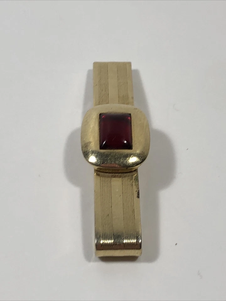 Anson Gold Tone Tie Clip Red Faux Ruby Garnet Stone Center Vtg Classic - Image 2 of 4