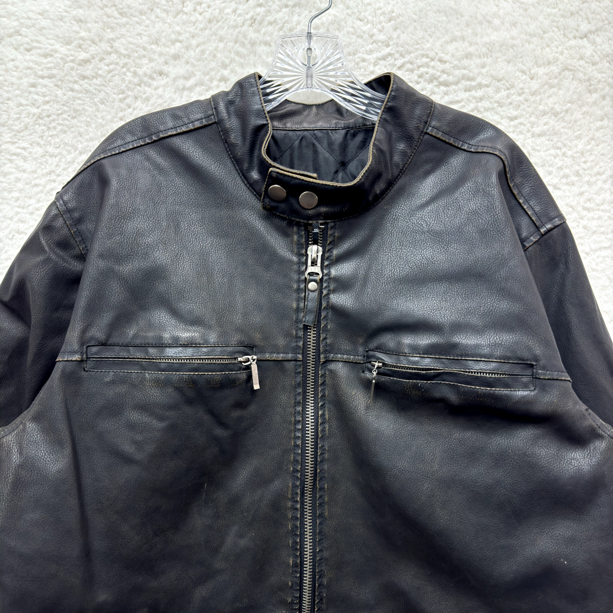 Y2K Vintage Black Faux Leather Jacket Large Mens Lined Zip Up