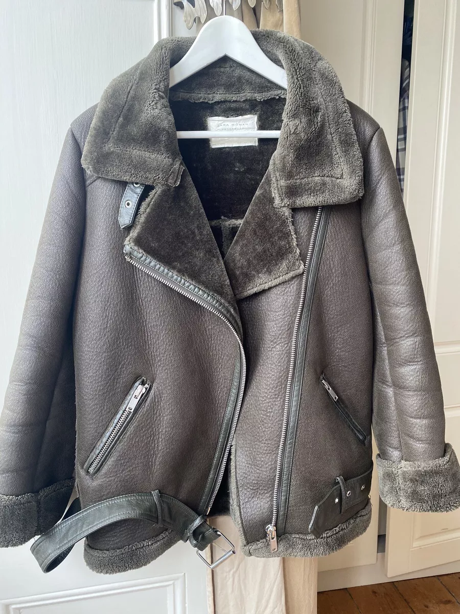 ZARA GREEN FAUX LEATHER SHEARLING FUR DOUBLE FACED BIKER JACKET AVIATOR COAT M