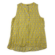 Crown & Ivy Sleeveless Yellow Geometric Print Blouse Size L/XL 100% Rayon Y-Neck