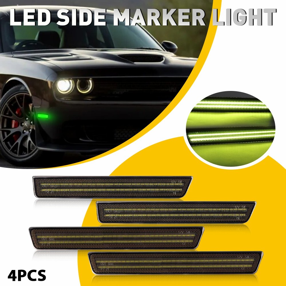 Smoked Bumper LED Side Marker Lights Green for 2015-2022 Dodge Challenger