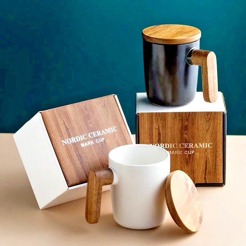 New Nordic ceramic coffee mug with bamboo lid
