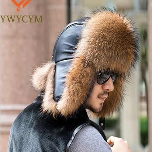 Winter Men's Real Silver Fur Hat Fur Cap Man Ski Hats Caps Pu