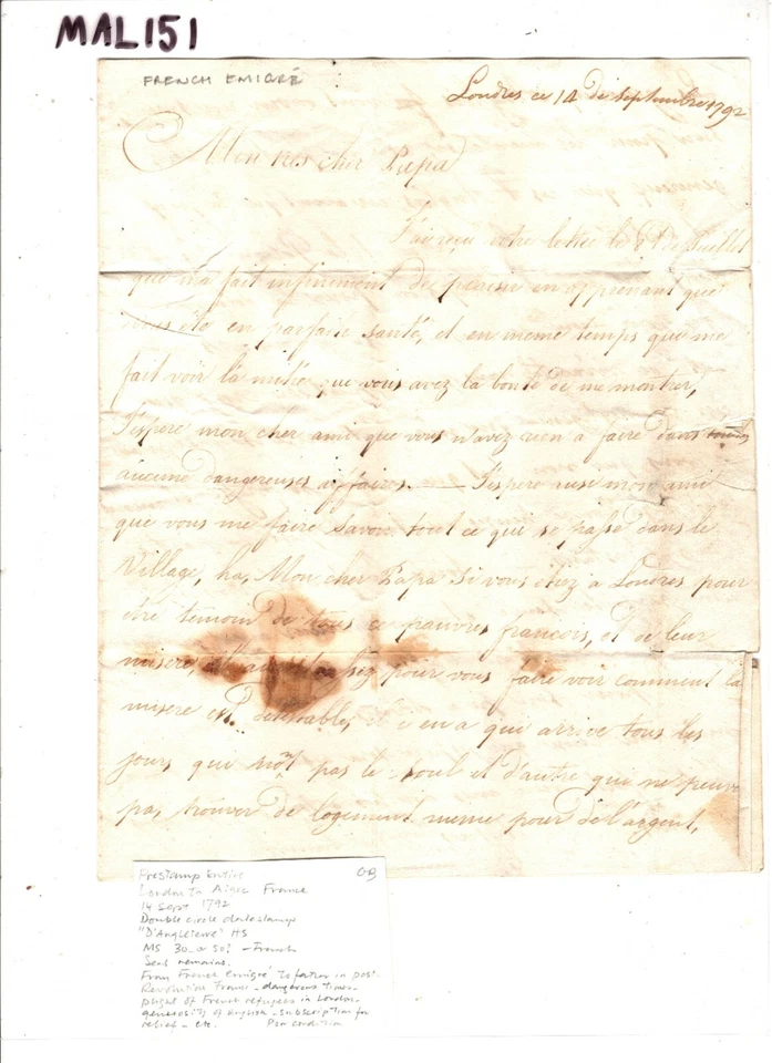 GB Cover FRENCH REVOLUTION REFUGEE London 1792 HISTORIC LETTER France EL MAL151 - Image 3 of 4