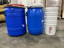 Once Used Food Grade Blue Plastic Barrel with handles Includes 5 Containers
