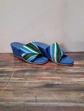 Vtg 70s Sz 6/6.5 Women s Blue Stripe Wedge Heel Sandals Shoes Rubber Soles VGUC