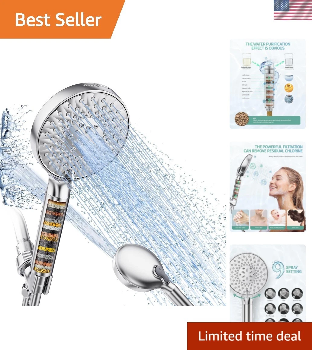 Filtered Shower Head Handheld High Pressure 9 Spray Mode Water Softener Chrome