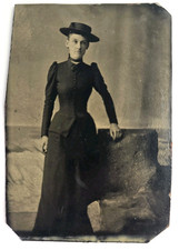 Antique Tintype Photo Young Victorian Woman Hat Dress Mourning Attire Good Look