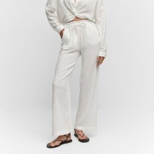 Mango White Cotton bow textured wide pants