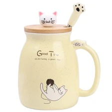 Yellow Cat Mugs for Women - Cute Coffee Mugs with Kitty Lid & Cat Paw Spoon