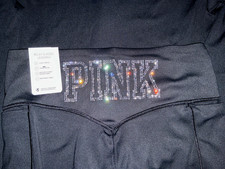 Victoria's Secret Pink Bling Rhinestones Logo Relay Leggings Black XL NWT