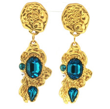 Vintage Gold Tone Blue Crystal Clip-On Earrings Ornate Filigree Statement 2.5 In