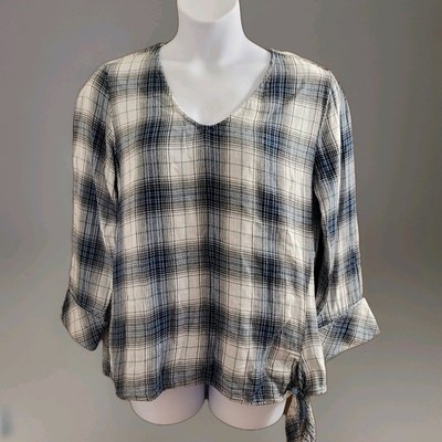 Time and Tru Womens Large 3/4 Sleeve Vneck Plaid Side Tye Lined 100% Cotton Blue