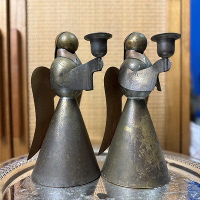 2 Vintage Brass And Copper Angel Candle Holders 9 1/2  - Beautiful Patina!