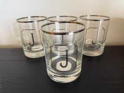 Set of 4 Silver Rimmed Monogrammed Whiskey/Cocktail Glasses (Letter J)