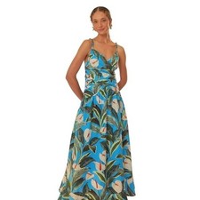 Farm Rio Women's Anthurium Garden Blue Cross Over Maxi Dress - L NWT