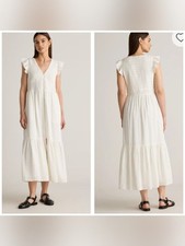 Quince Organic Textured Cotton Smocked V Neck Midi Dress XS