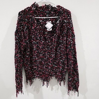 Rue 21 Womens Fringe Destroyed Knit Sweater Size Large Black Pink Grunge