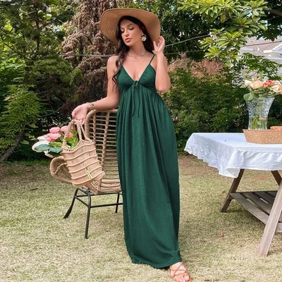 2026 Women's Dark Green V-Neck High-Waist Backless Knit A-Line Long Dress - Image 1 of 4