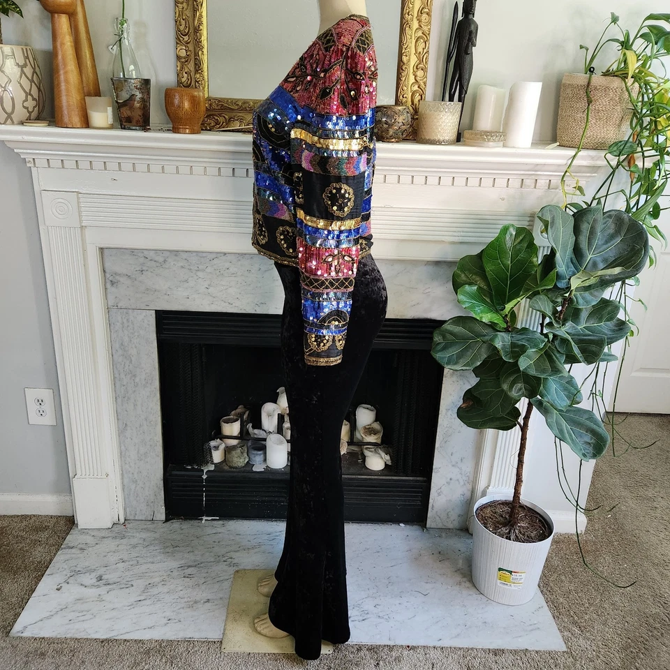 Jaqueta vintage anos 80 azul lantejoulas frisadas seda cropped floral art déco tamanho médio - Imagem 3 de 4