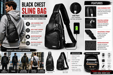 Black Chest Crossbody Bag Sling Backpack for Men with USB Charge Port Premium